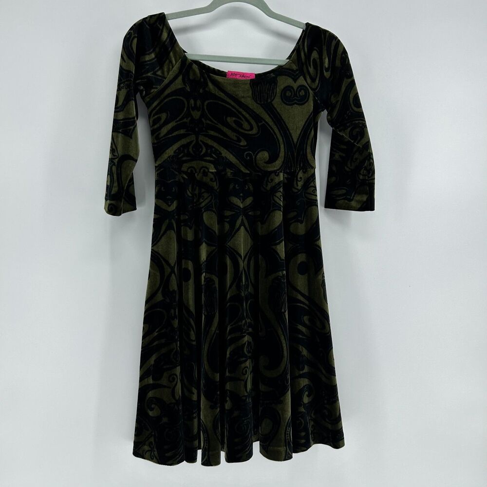 Betsey Johnson Green Velvet Patterned Babydoll Mini Dress Women's P Black Witchy